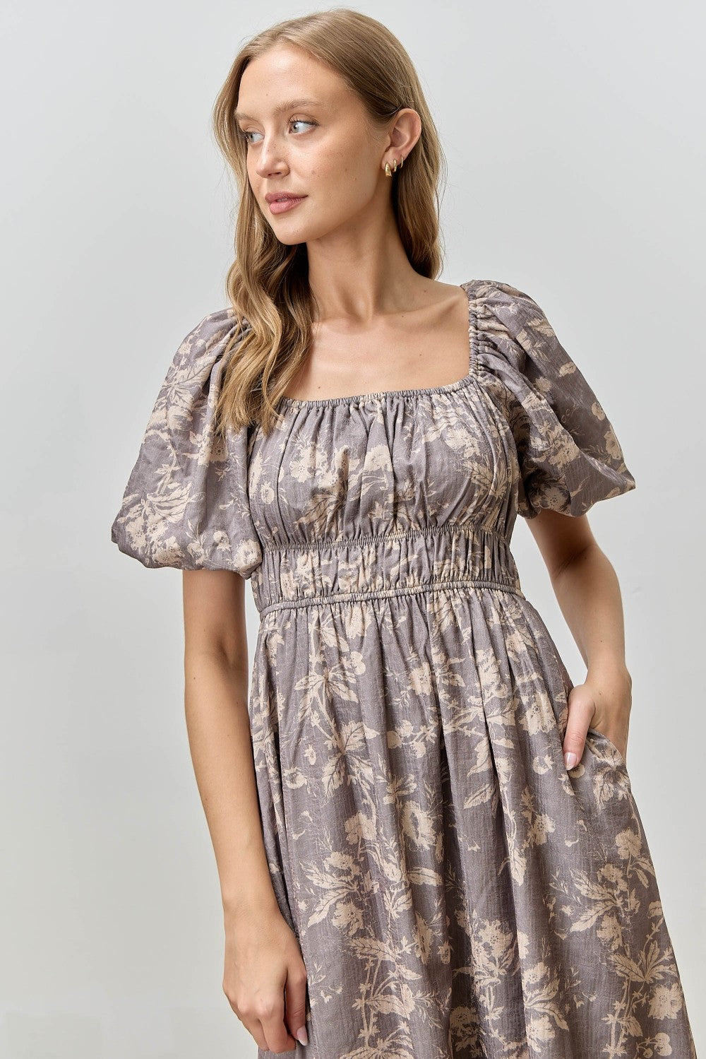 Grey Floral Puff Sleeve Smocked Waist Midi Dress
