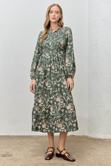Green Floral Smocked Long Sleeve Midi Dress