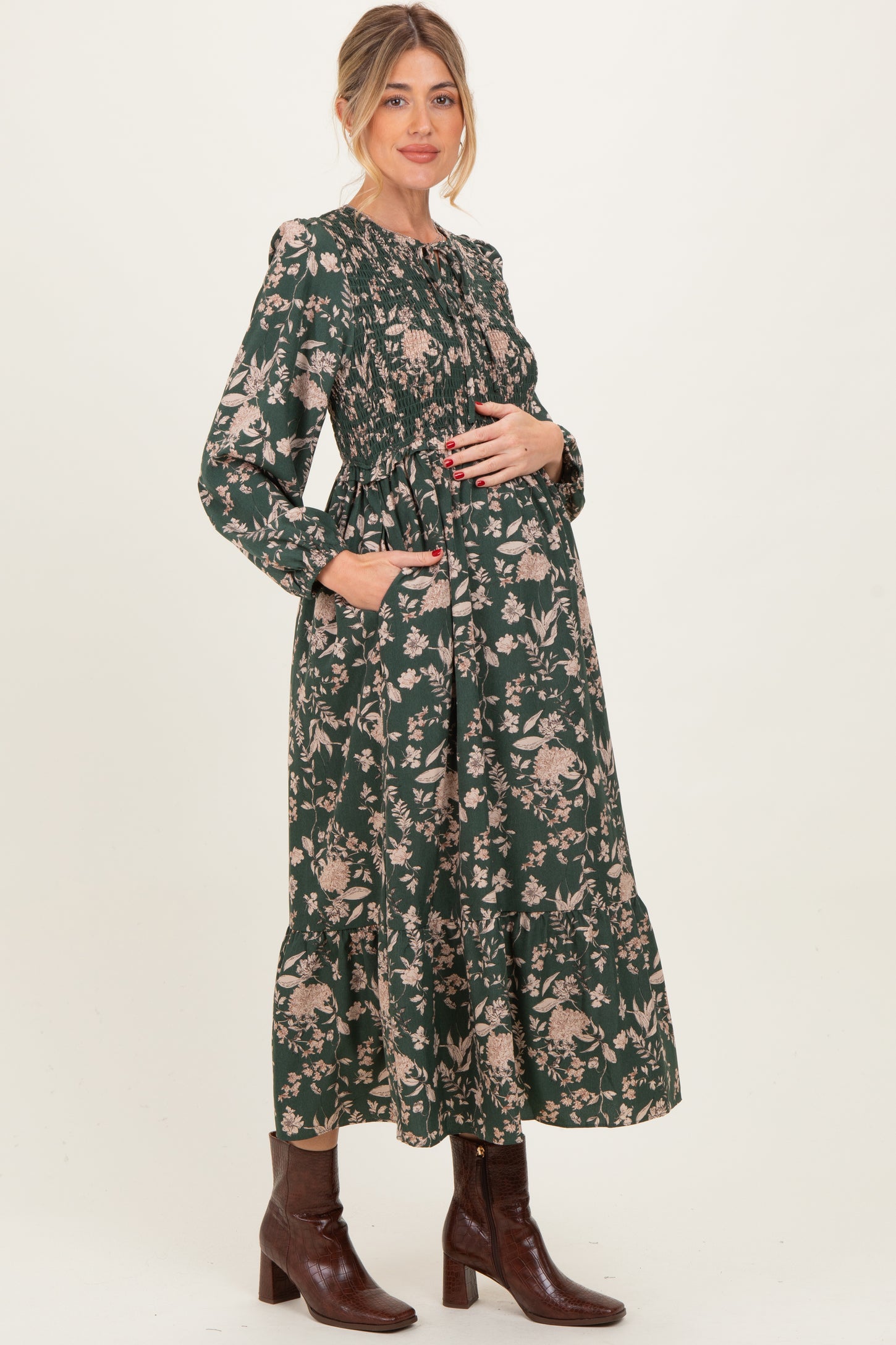 Green Floral Smocked Long Sleeve Maternity Midi Dress