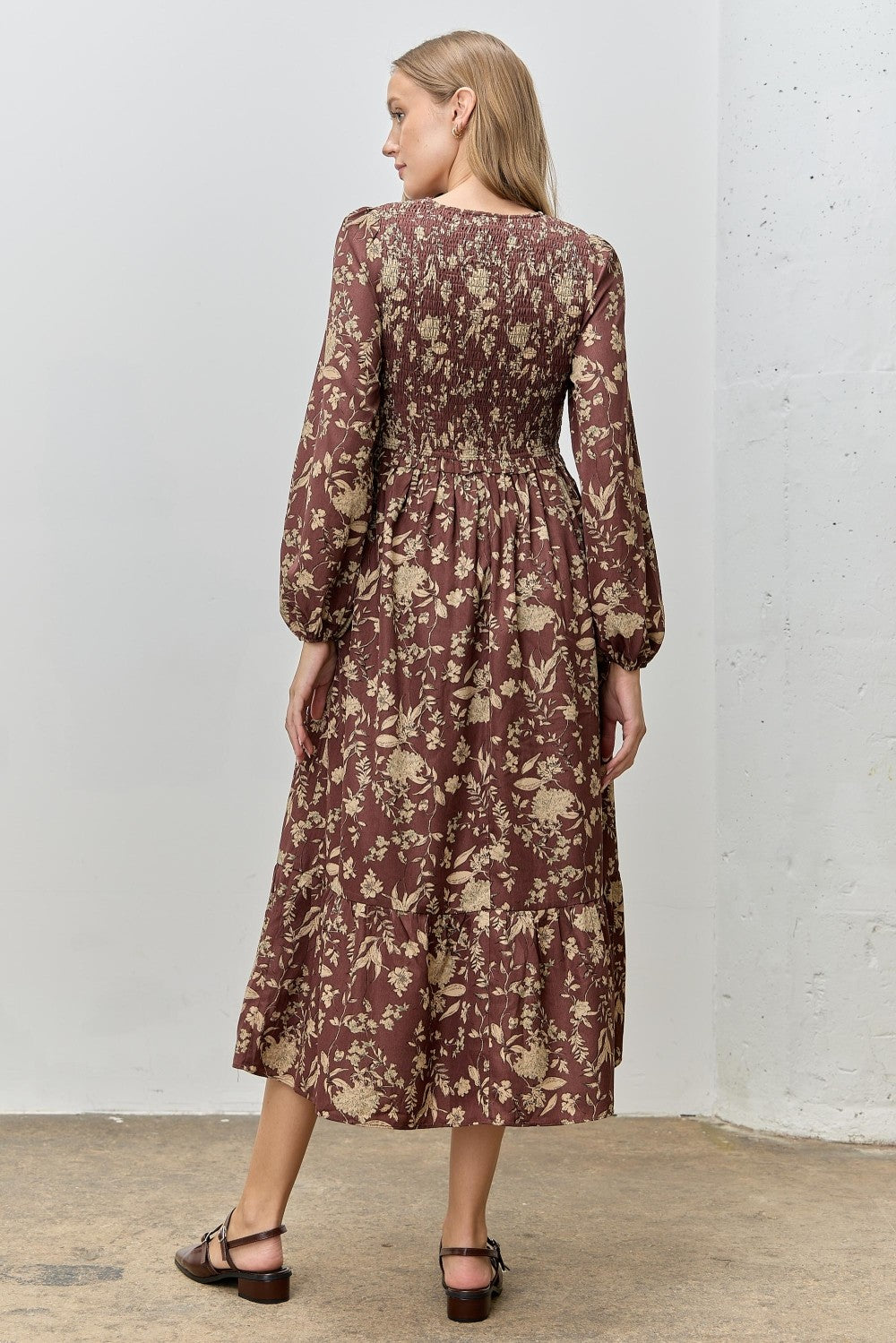 Brown Floral Smocked Long Sleeve Midi Dress