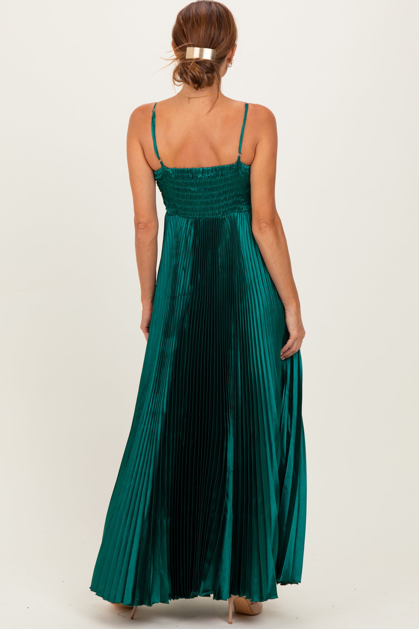Forest Green Pleated Satin Sleeveless Maxi Dress