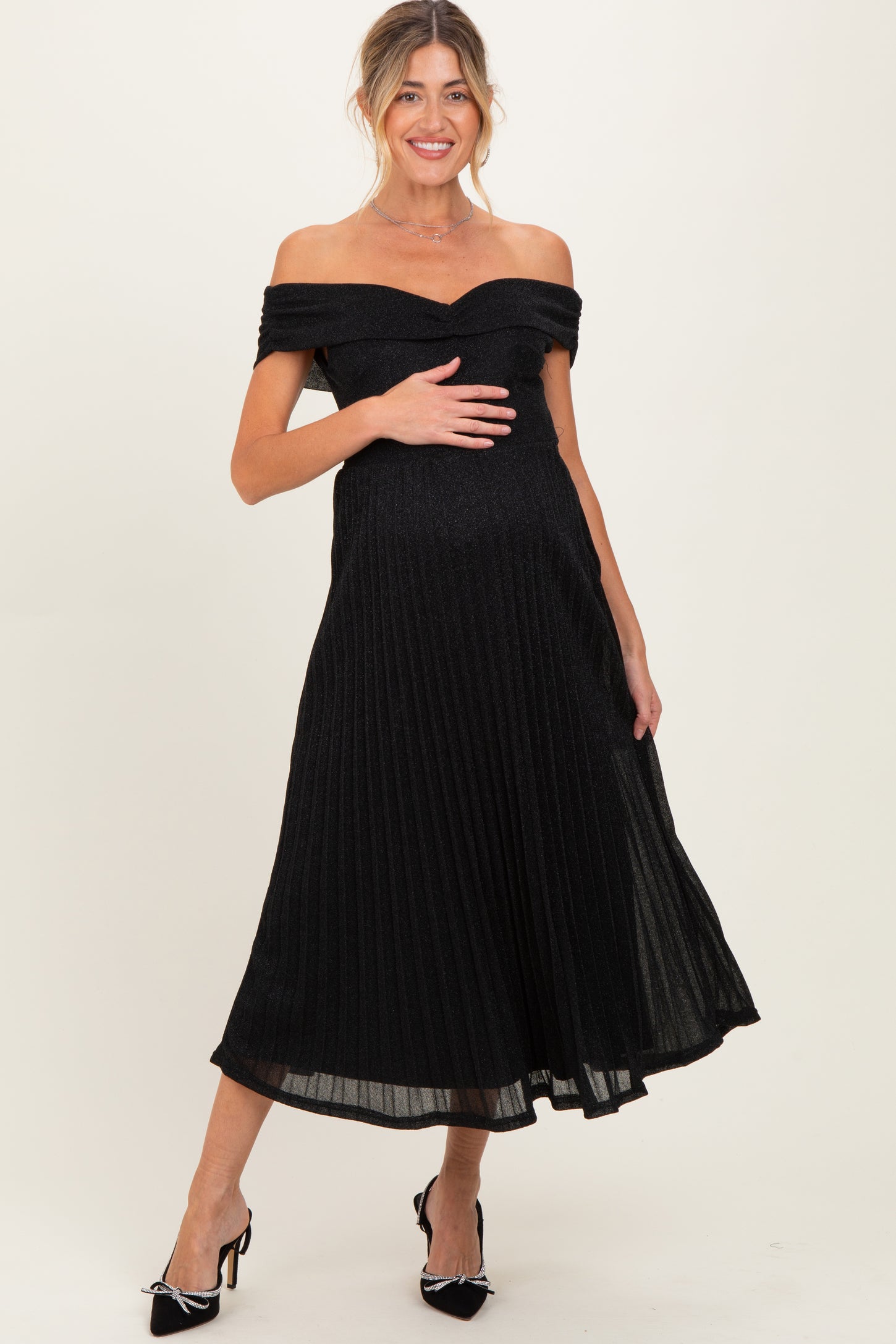 Black Shimmer Off Shoulder Pleated Maternity Midi Dress