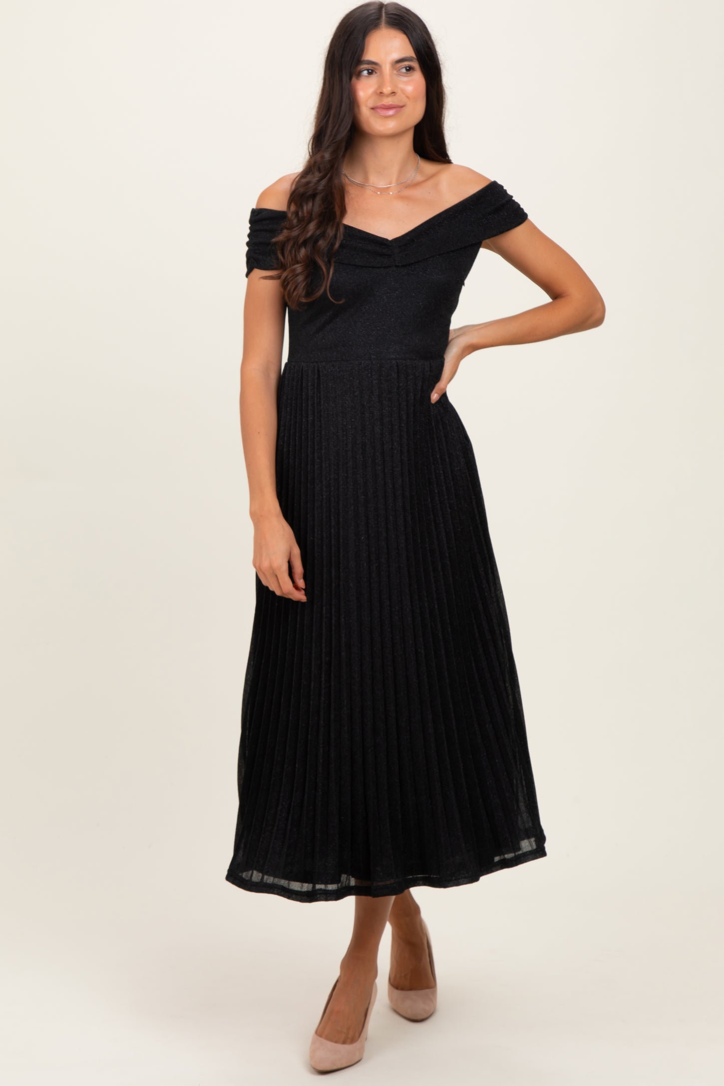 Black Shimmer Off Shoulder Pleated Maternity Midi Dress