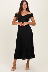 Black Shimmer Off Shoulder Pleated Midi Dress