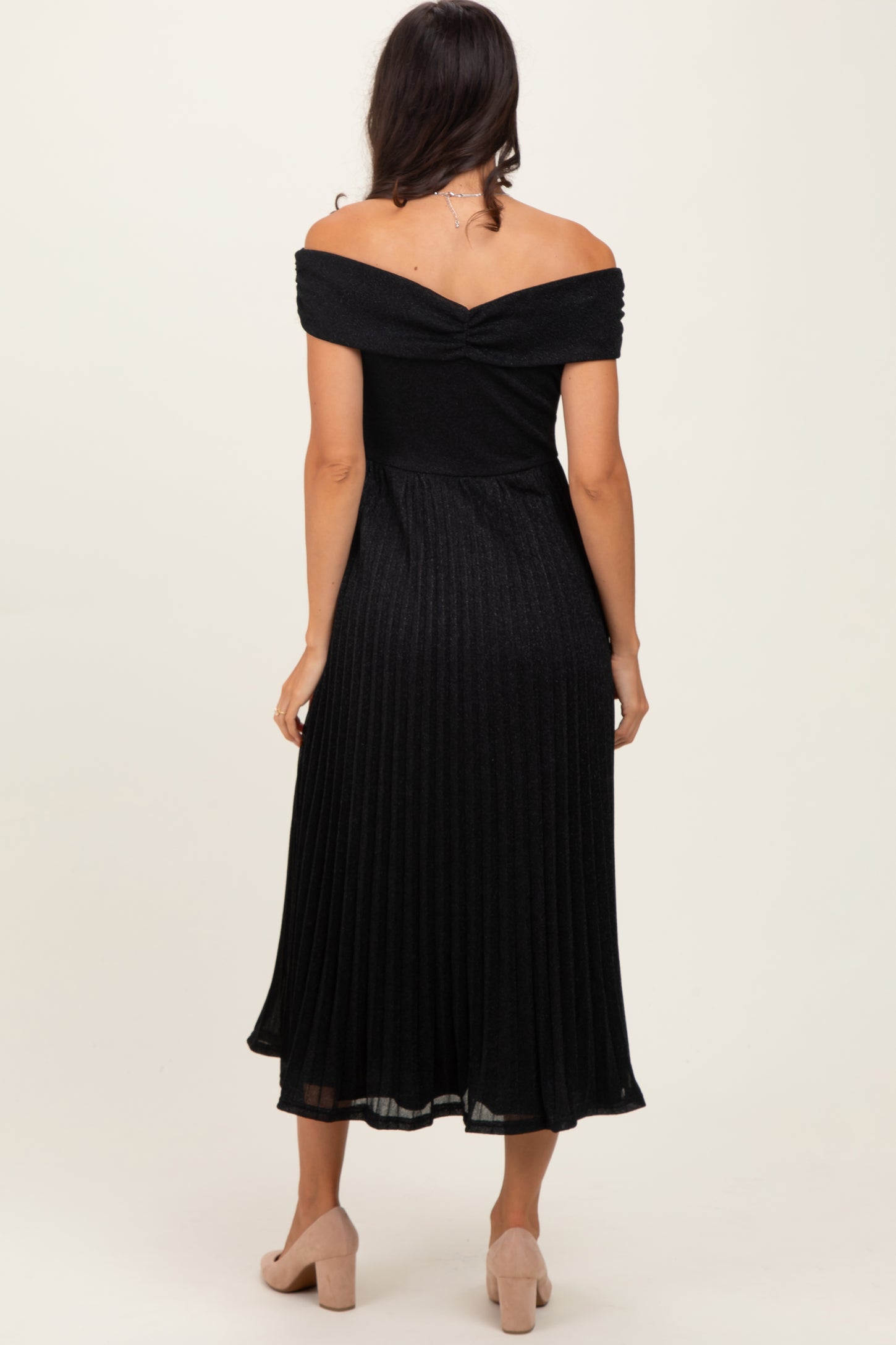 Black Shimmer Off Shoulder Pleated Midi Dress