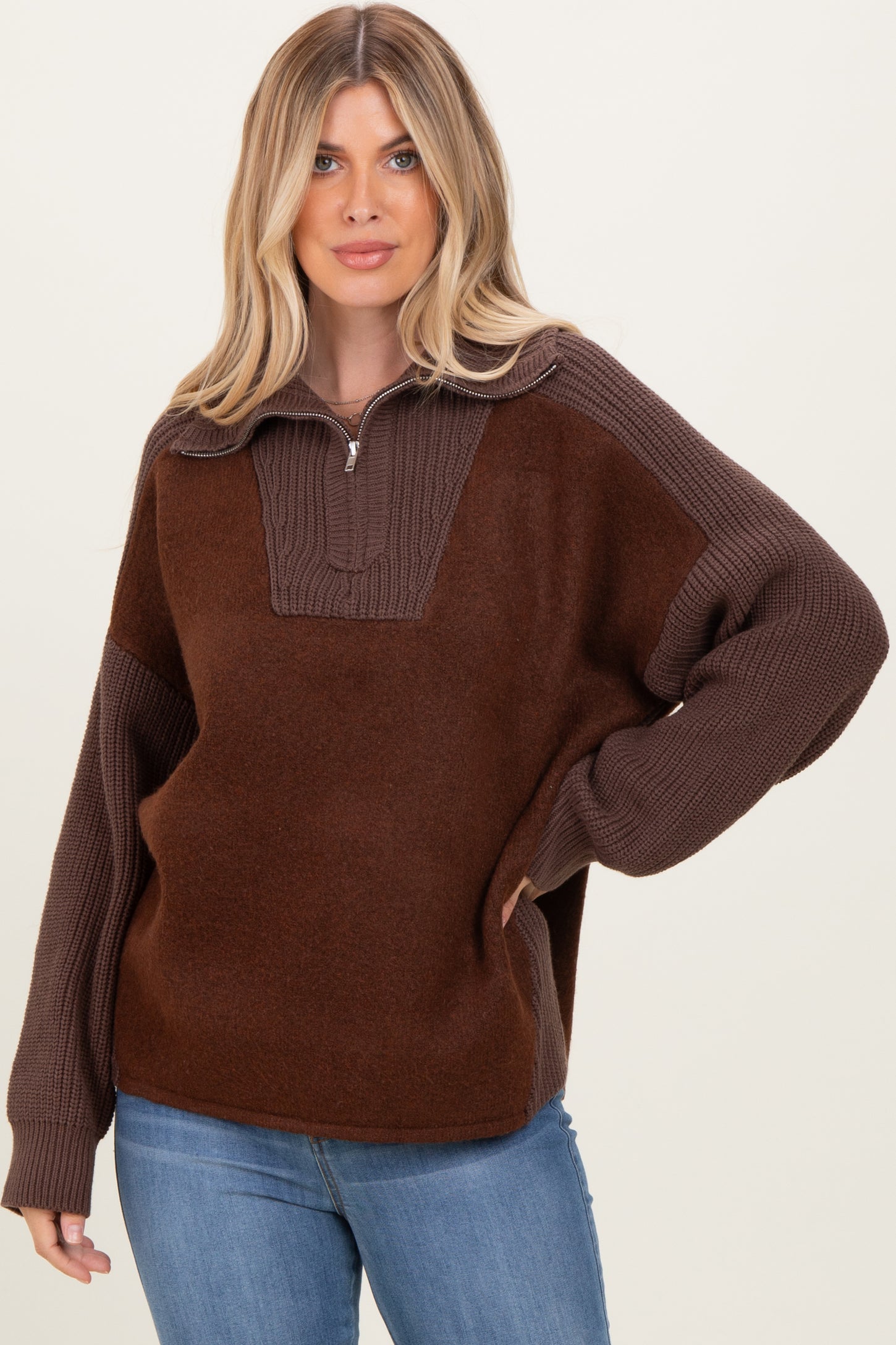 Brown Colorblock Half Zip Pullover Sweater
