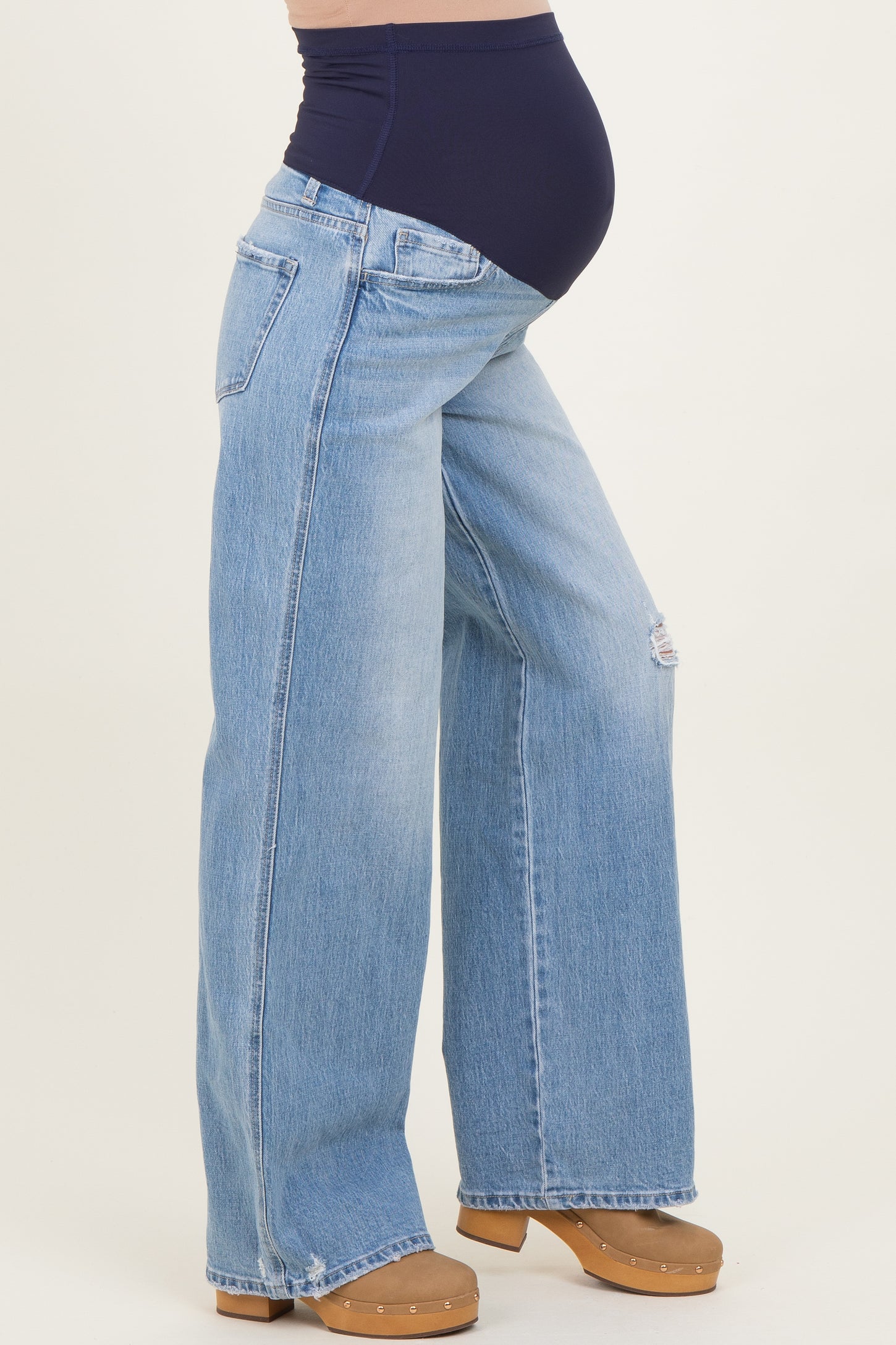 Light Blue Distressed Relaxed Wide Leg Maternity Jeans