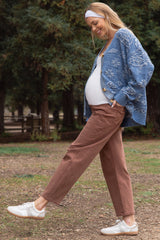 Brown Ankle Barrel Leg Maternity Jeans