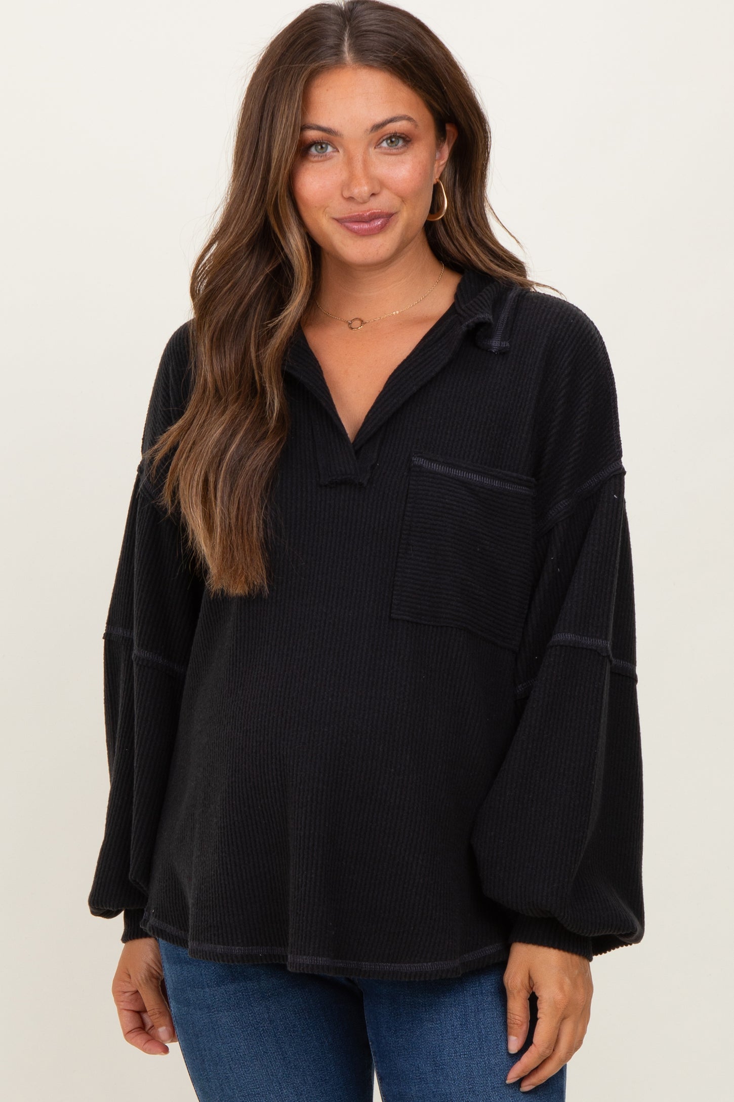 Black Solid Ribbed Long Sleeve Pocketed Collared V-Neck Maternity Top
