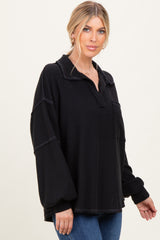 Black Solid Ribbed Long Sleeve Pocketed Collared V-Neck Top