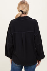 Black Solid Ribbed Long Sleeve Pocketed Collared V-Neck Top