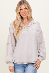 Beige Solid Ribbed Long Sleeve Pocketed Collared V-Neck Top