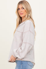 Beige Solid Ribbed Long Sleeve Pocketed Collared V-Neck Top