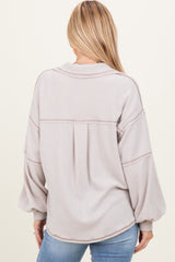 Beige Solid Ribbed Long Sleeve Pocketed Collared V-Neck Top