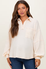 Cream Solid Ribbed Long Sleeve Pocketed Collared V-Neck Maternity Top