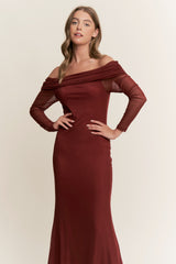 Burgundy Mesh Off Shoulder Long Sleeve Maxi Dress