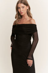 Black Mesh Off Shoulder Long Sleeve Maxi Dress