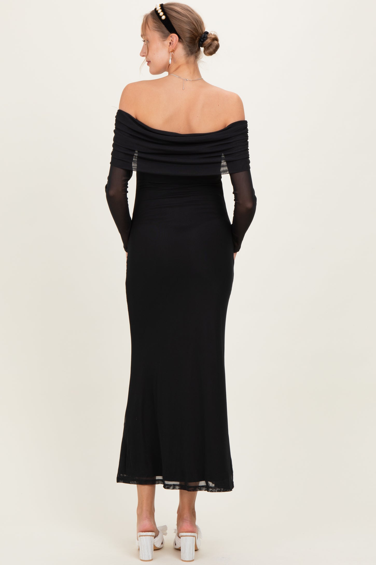 Black Mesh Off Shoulder Long Sleeve Maternity Maxi Dress
