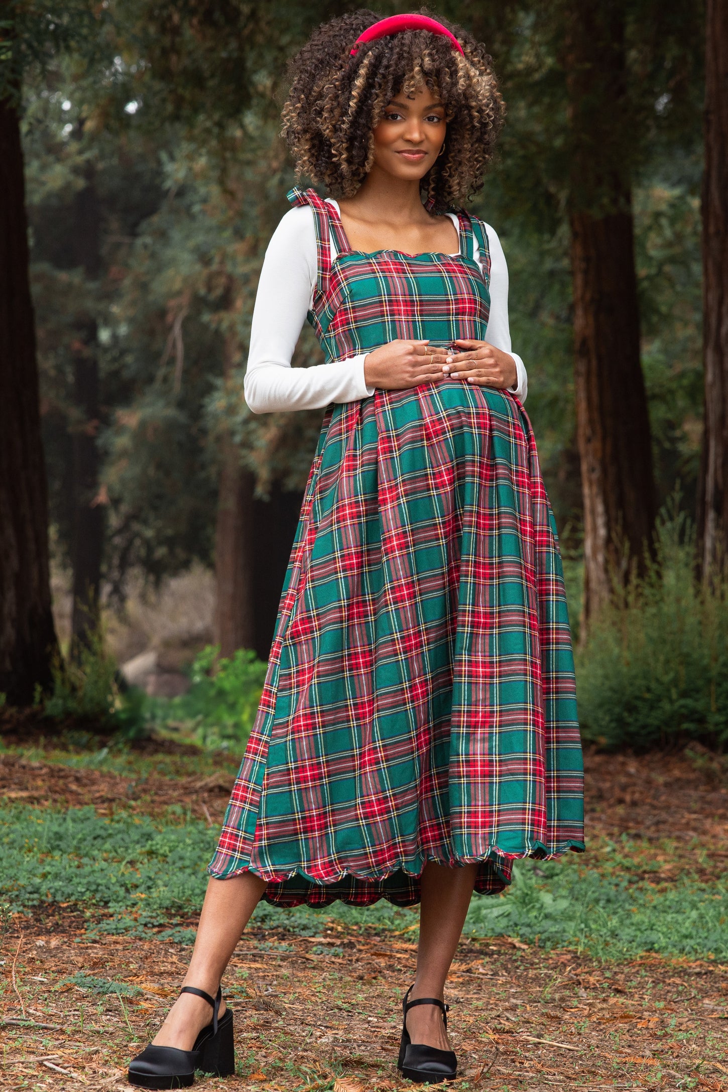 Green Plaid Shoulder Tie Scallop Hem Maternity Midi Dress