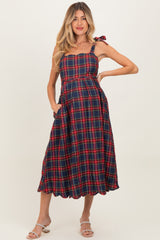 Navy Plaid Shoulder Tie Scallop Hem Maternity Midi Dress