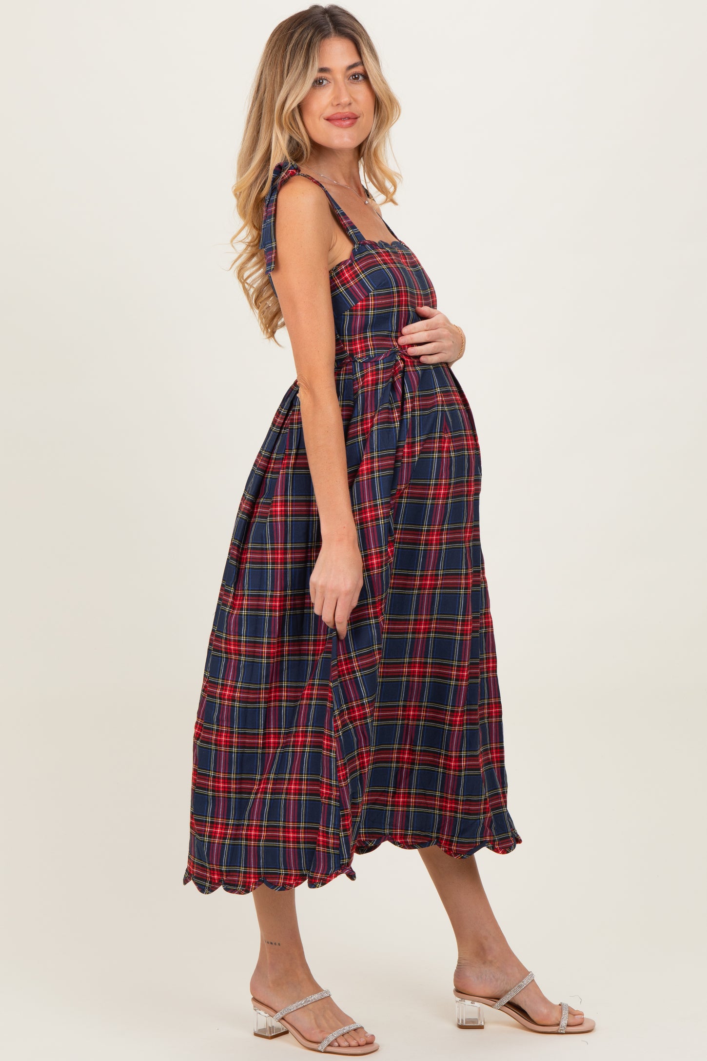 Navy Plaid Shoulder Tie Scallop Hem Maternity Midi Dress