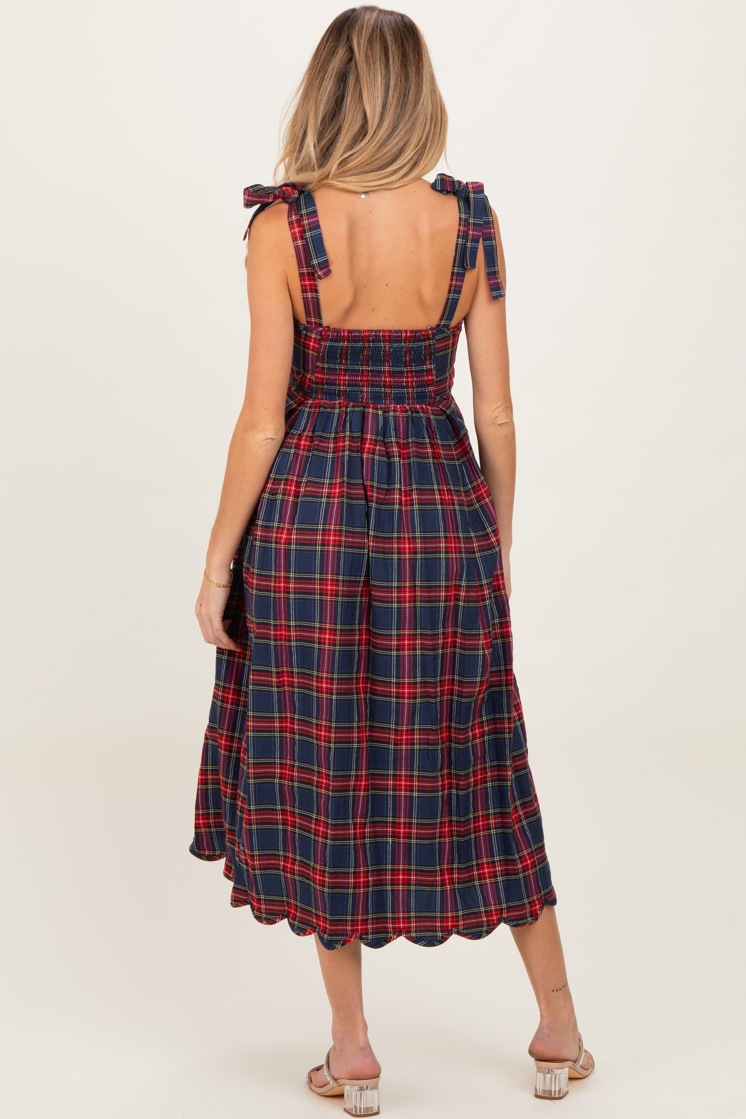 Navy Plaid Shoulder Tie Scallop Hem Maternity Midi Dress