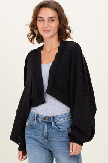 Black Solid Ribbed Long Sleeve Cropped Cardigan