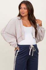 Beige Solid Ribbed Long Sleeve Cropped Maternity Cardigan