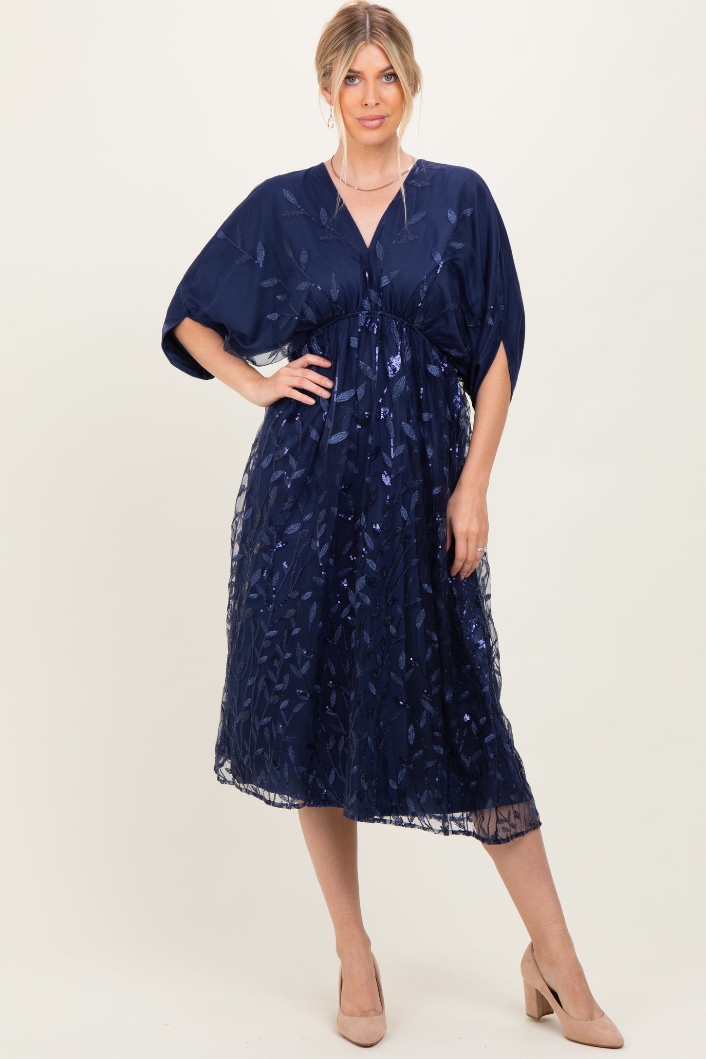 Navy Embroidered Tulle Dolman V-Neck Midi Dress