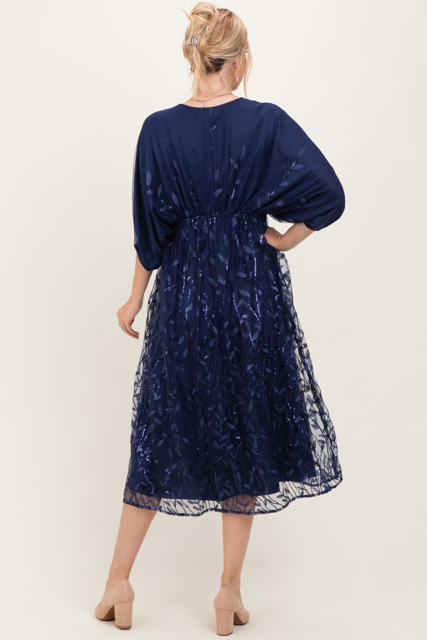 Navy Embroidered Tulle Dolman V-Neck Midi Dress