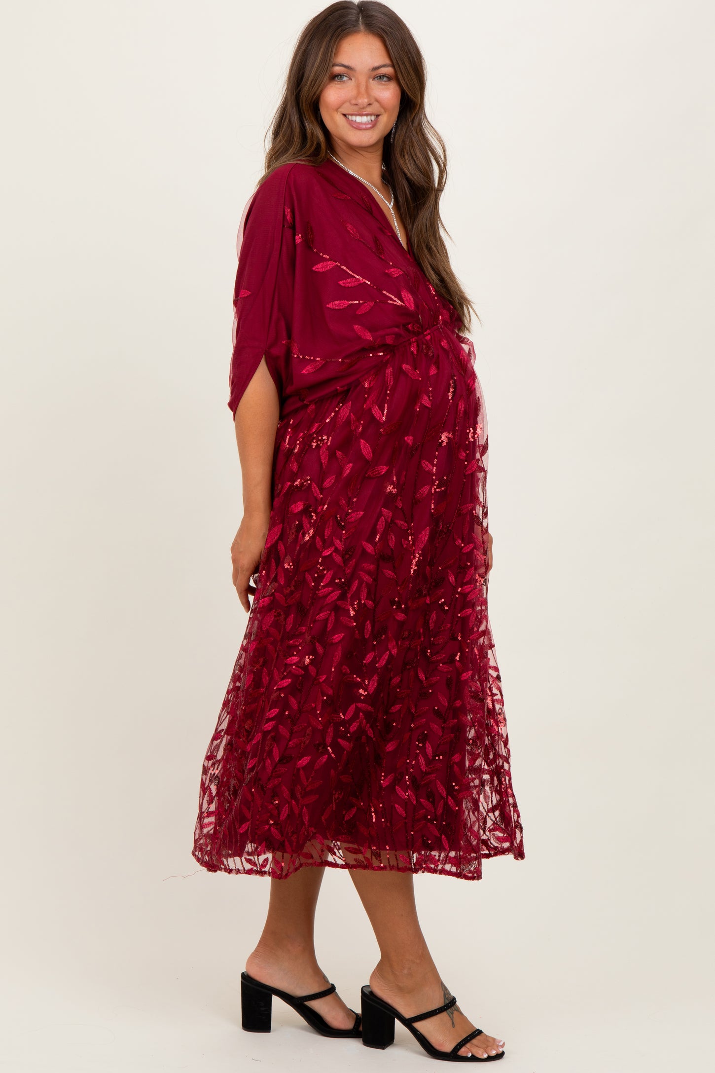 Burgundy Embroidered Tulle Dolman V-Neck Maternity Midi Dress