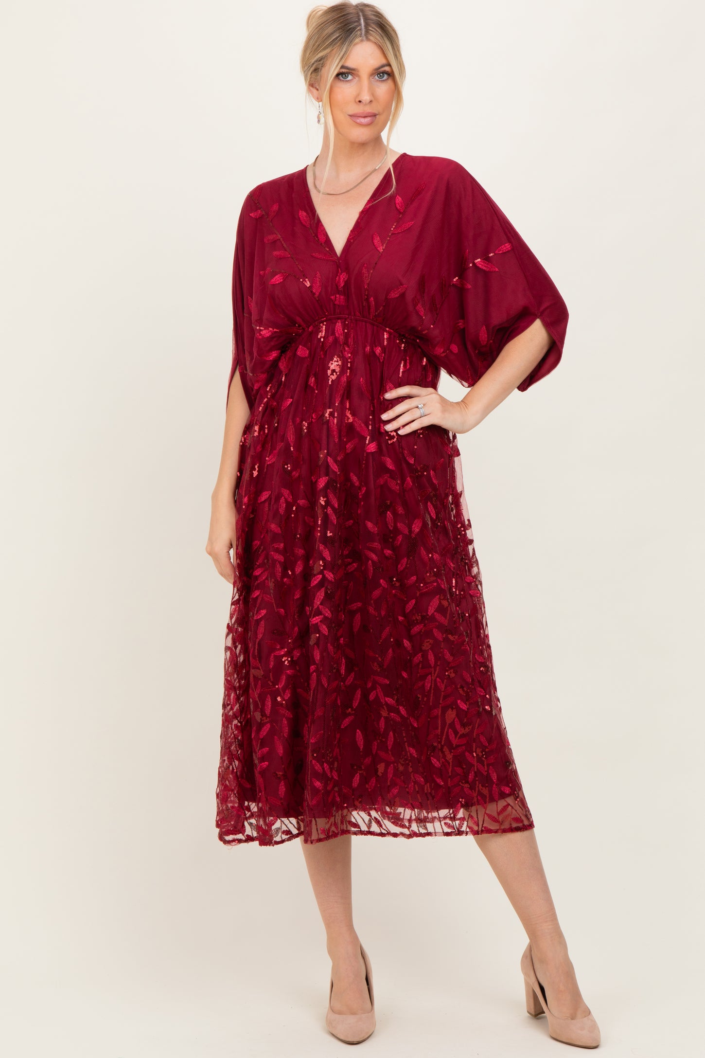 Burgundy Embroidered Tulle Dolman V-Neck Midi Dress