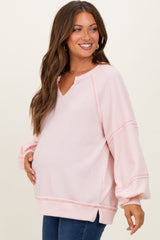 Light Pink Solid Rib Long Sleeve V-Neck Oversized Maternity Tunic Top