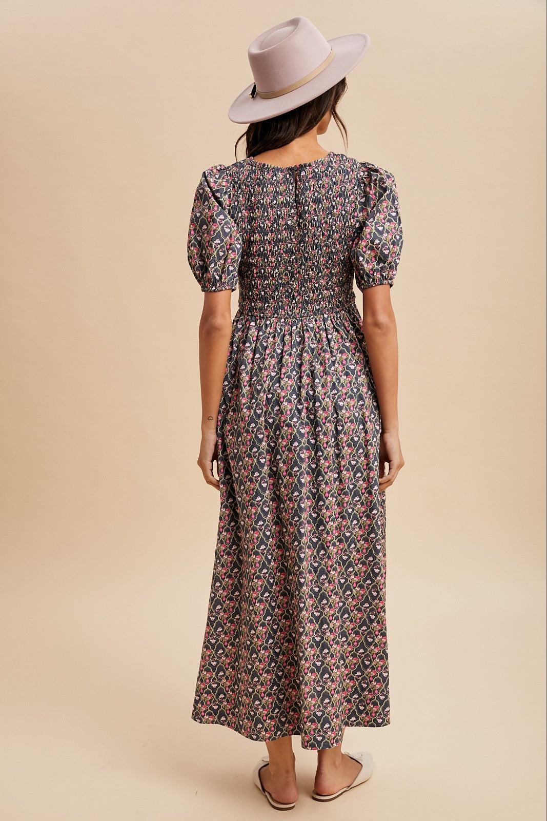 Grey Floral Smocked Puff Sleeve Maxi Dress