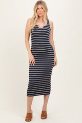 Navy Stripe Ribbed Sleeveless V Neck Maternity Maxi Dress
