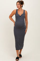 Navy Stripe Ribbed Sleeveless V Neck Maternity Maxi Dress