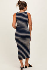Navy Stripe Ribbed Sleeveless V Neck Maternity Maxi Dress