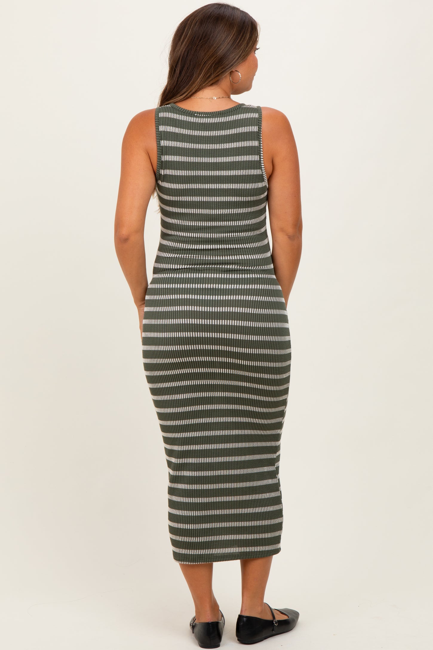 Olive Stripe Ribbed Sleeveless V Neck Maternity Maxi Dress