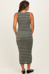 Olive Stripe Ribbed Sleeveless V Neck Maternity Maxi Dress
