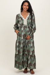 Olive Patchwork Print Tiered Long Sleeve Maternity Maxi Dress