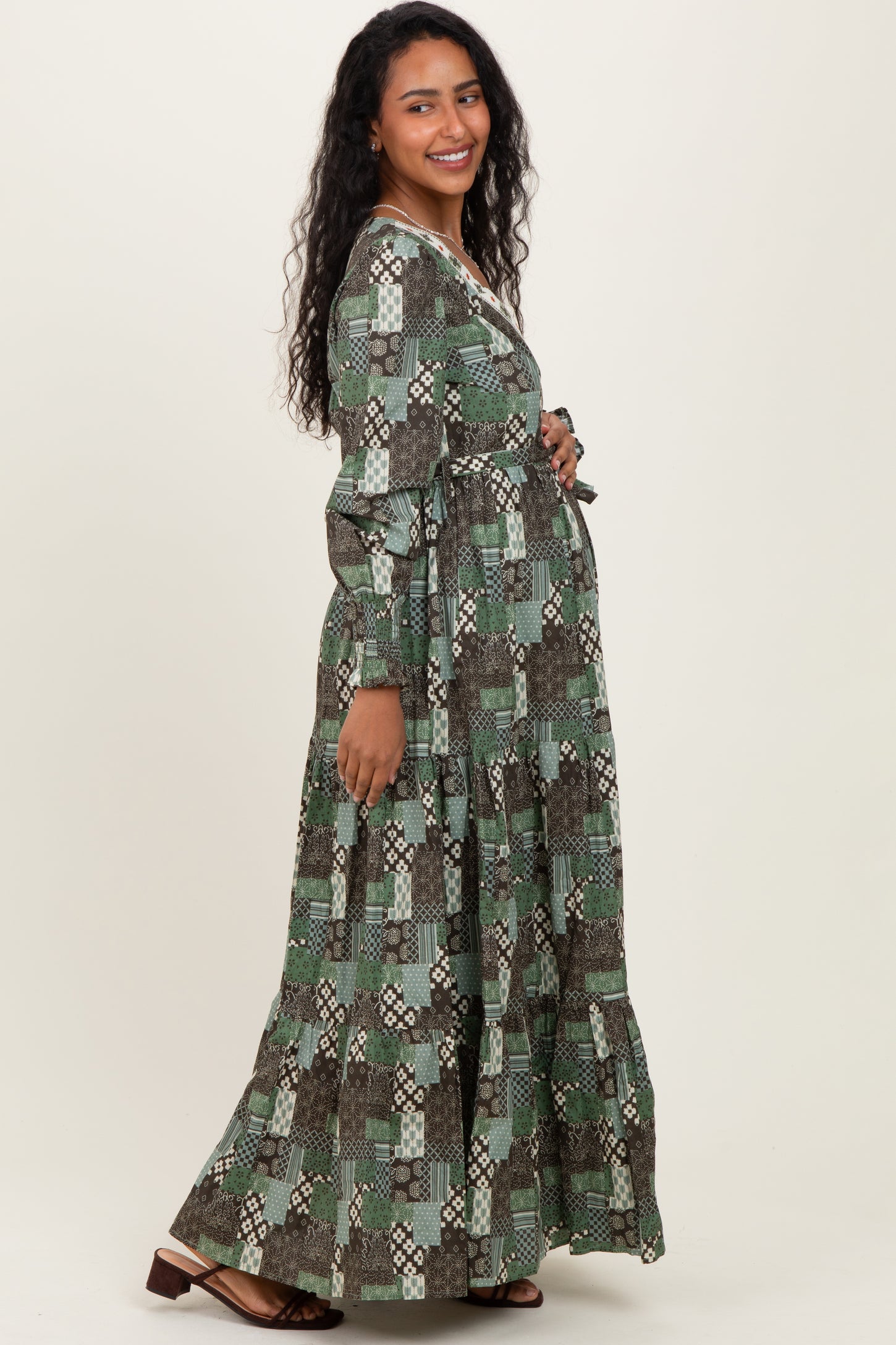 Olive Patchwork Print Tiered Long Sleeve Maternity Maxi Dress