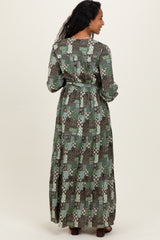 Olive Patchwork Print Tiered Long Sleeve Maternity Maxi Dress