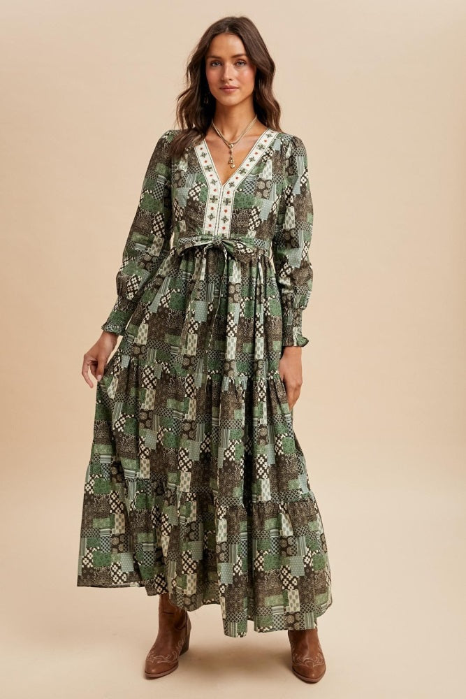 Olive Patchwork Print Tiered Long Sleeve Maxi Dress