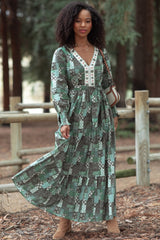 Olive Patchwork Print Tiered Long Sleeve Maxi Dress