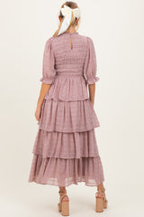 Mauve Smocked Swiss Dot Tiered Maternity Maxi Dress