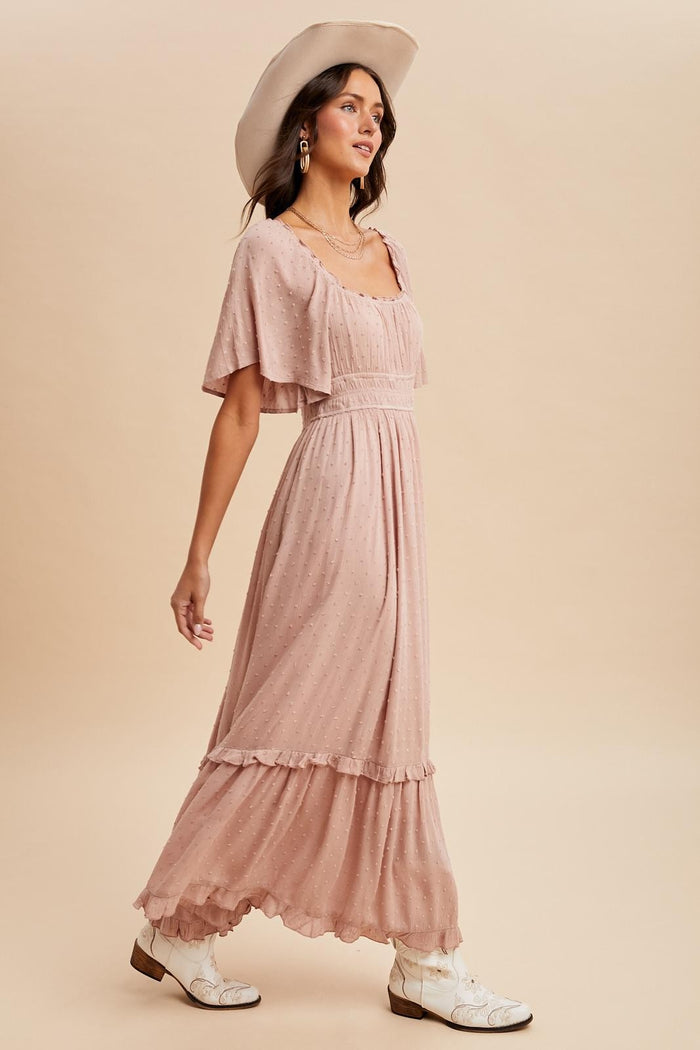 Light Pink Swiss Dot Ruffle Trim Maxi Dress