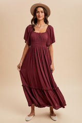 Burgundy Swiss Dot Ruffle Trim Maxi Dress