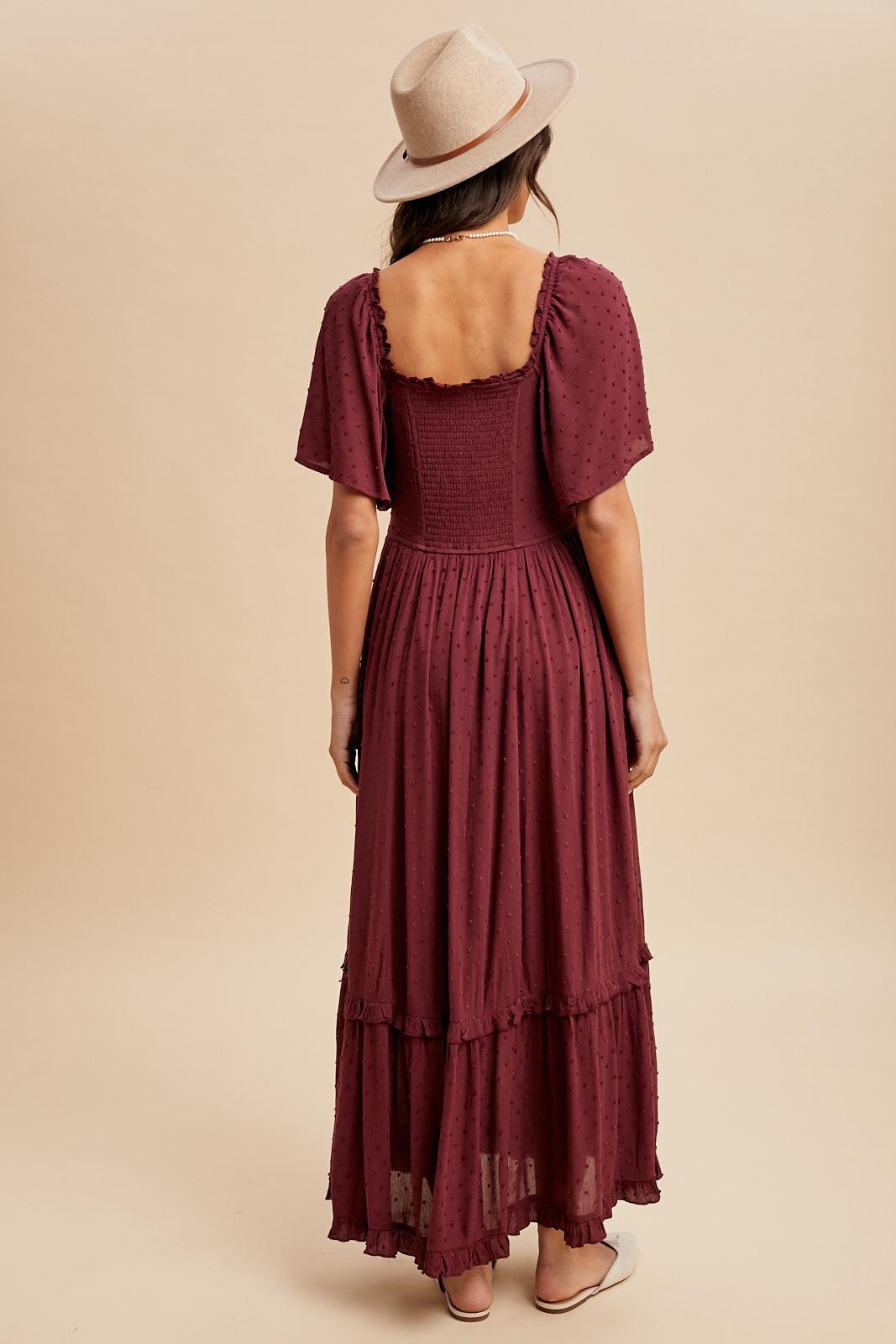 Burgundy Swiss Dot Ruffle Trim Maxi Dress
