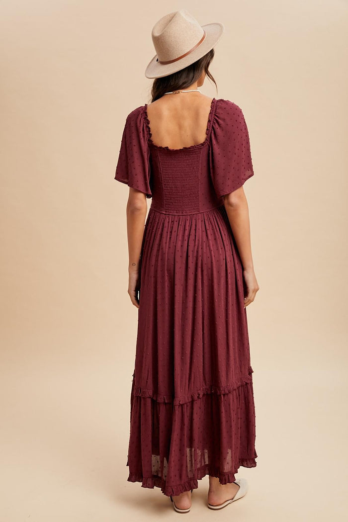 Burgundy Swiss Dot Ruffle Trim Maxi Dress