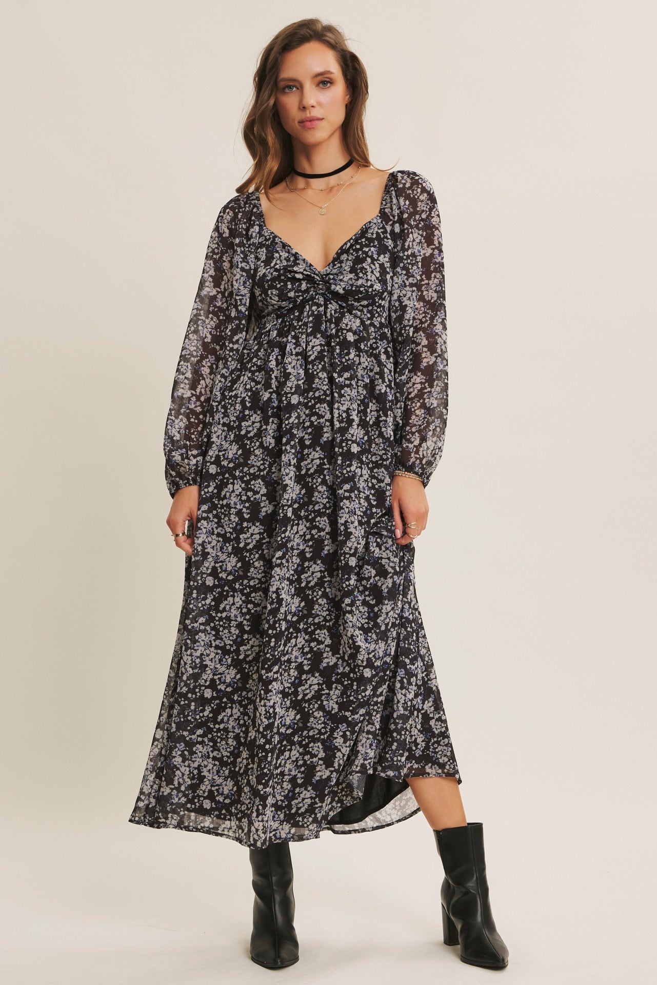 Black Floral Chiffon Twisted Front Maternity Midi Dress